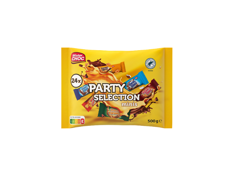 Embalagem amarela de mini barras de chocolate sortidas, 24 unidades, 500 g.