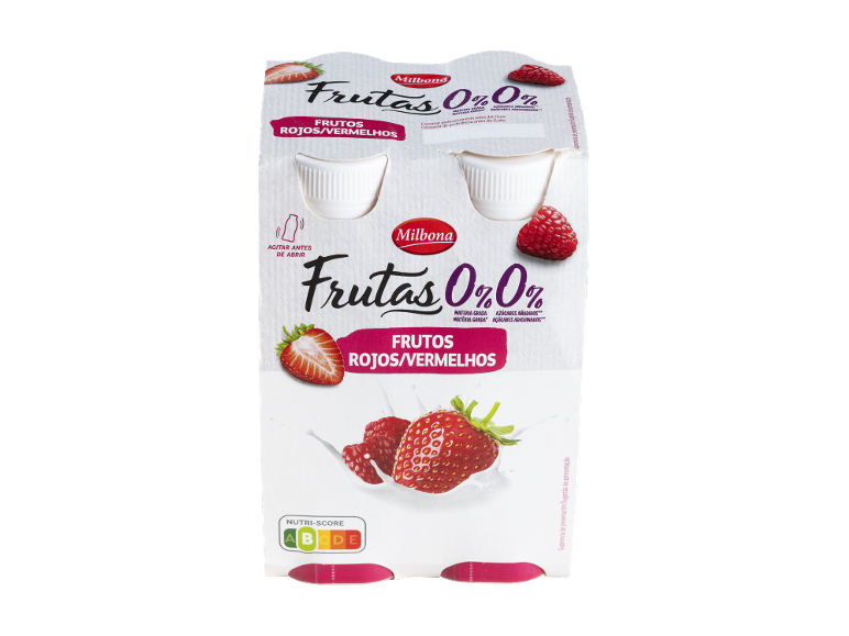 Embalagem de iogurtes de frutas 0% gordura e açúcar, com morangos e framboesas.