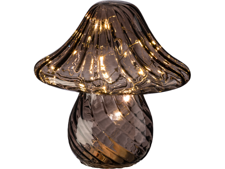 Candeeiro de mesa em forma de cogumelo de vidro com luzes LED integradas.
