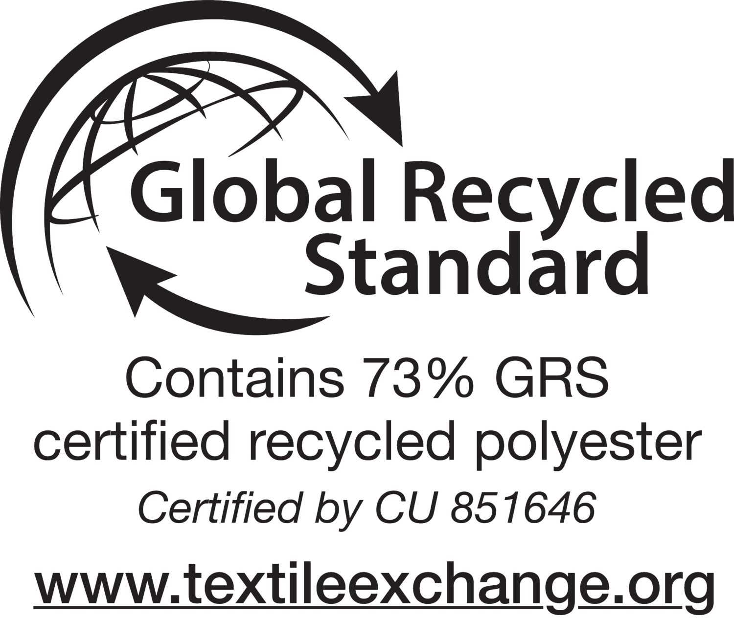 Global Recycled Standard: Contém 73% de poliéster reciclado certificado GRS, certificado por CU 851646.