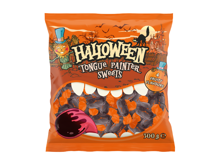 Saco de doces Halloween Tongue Painter com espantalho, casa assombrada e gato preto.