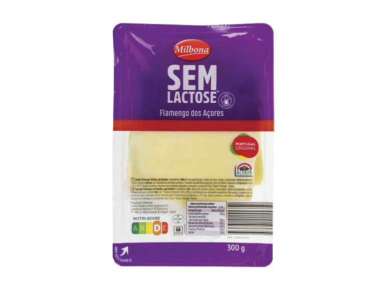 Queijo Flamengo Milbona sem lactose, 300g, com rótulo nutricional Nutri-Score A.
