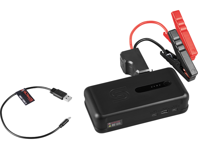 Arrancador de bateria portátil preto com pinças de arranque vermelhas e pretas, e cabo de carregamento USB.