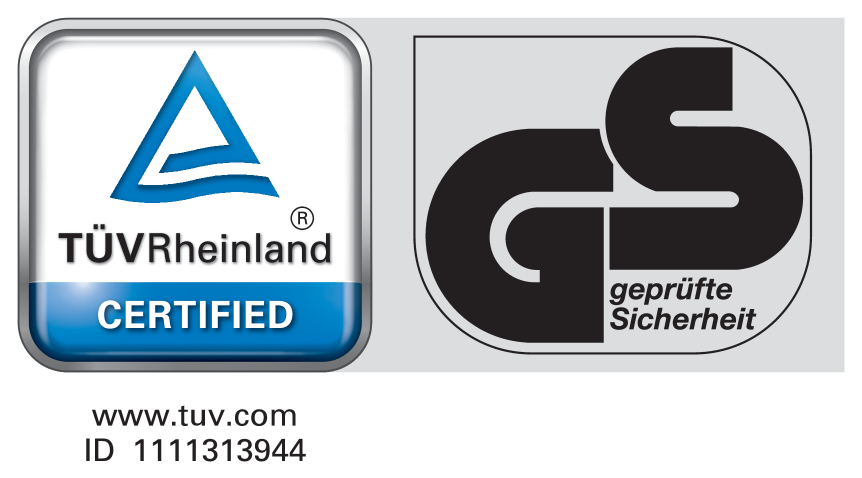 Selo certificado com texto 'CERTIFIED', 'geprüfte Sicherheit' e ID 1111313944.