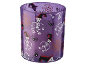 Suporte de vela roxo de Halloween com esqueletos, aranhas e teias de aranha.