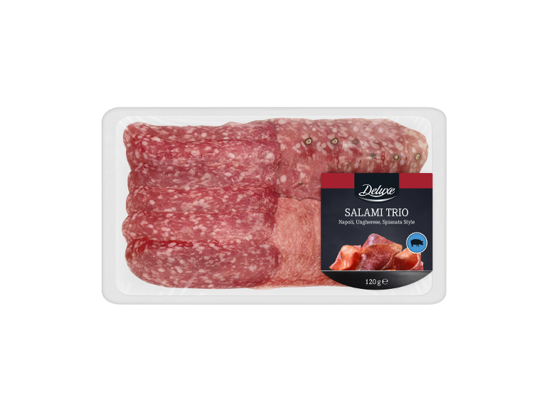 Embalagem com três variedades de salame: Napoli, Ungherese e Spianata Style, 120 g.