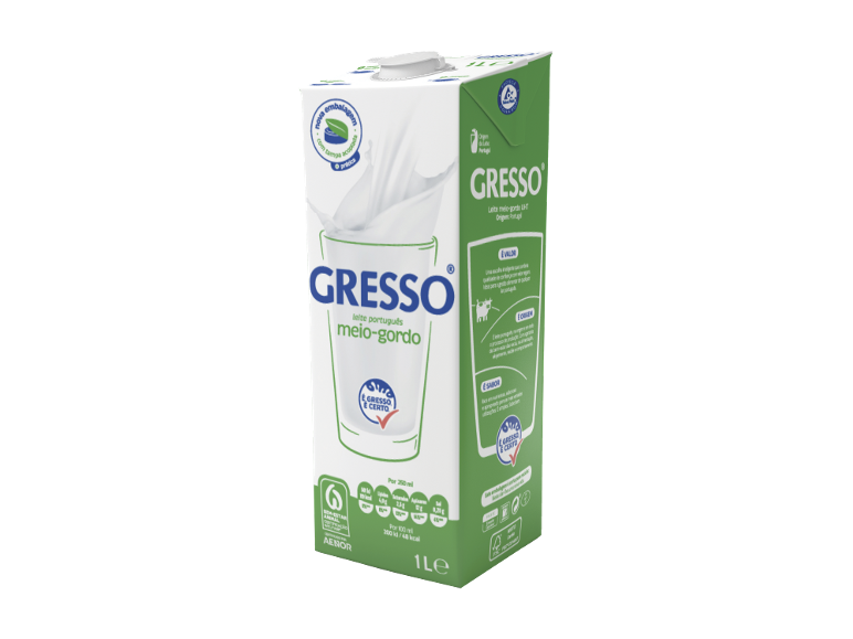 Embalagem de leite meio-gordo português com o texto 'GRESSO meio-gordo' e informação nutricional.