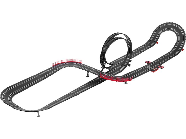 Pista de corrida de carros de brinquedo com loop e pontes vermelhas