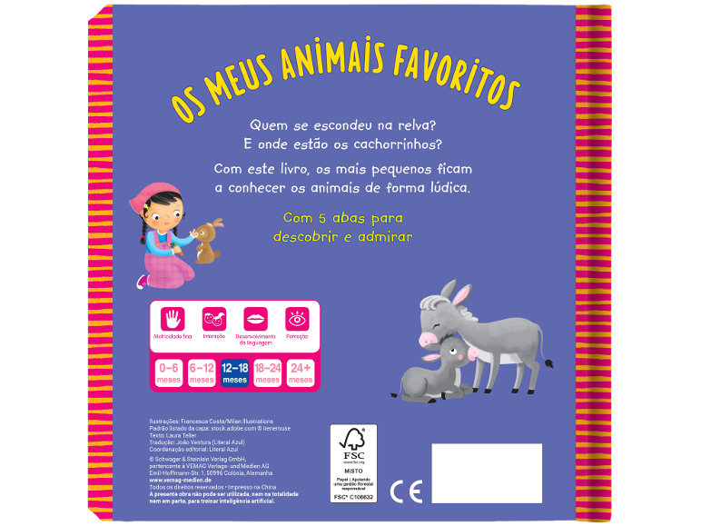 Livro infantil intitulado «Os Meus Animais Favoritos» com uma menina, um coelho e dois burros.