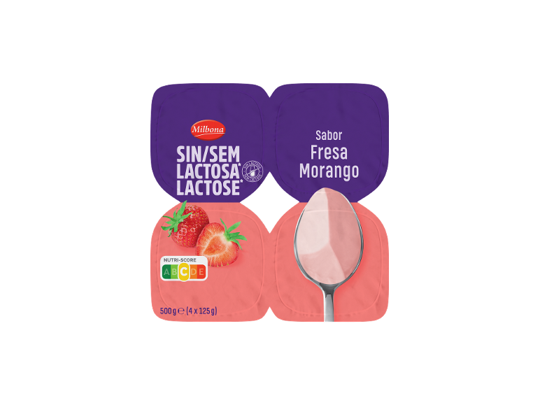 Iogurte de morango sem lactose com Nutri-Score A, 4x125 g.
