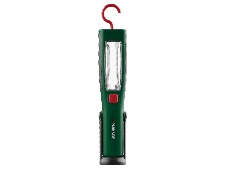 Uma luz de trabalho verde e cinzenta com um gancho vermelho e um botão de energia vermelho.