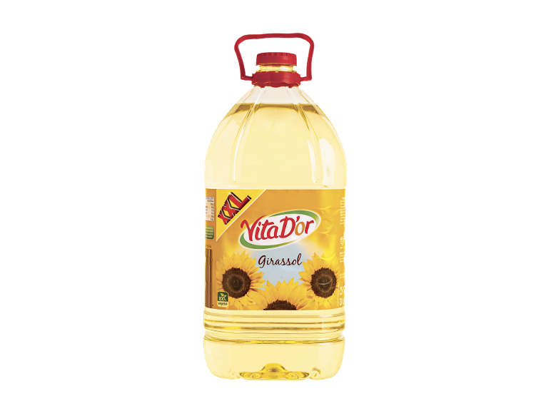Garrafa grande de óleo de girassol com rótulo amarelo com girassóis.