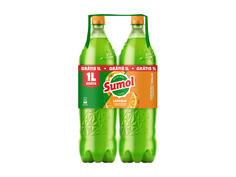 Duas garrafas de bebida de laranja com rótulo 'GRÁTIS 1L' e informações nutricionais.