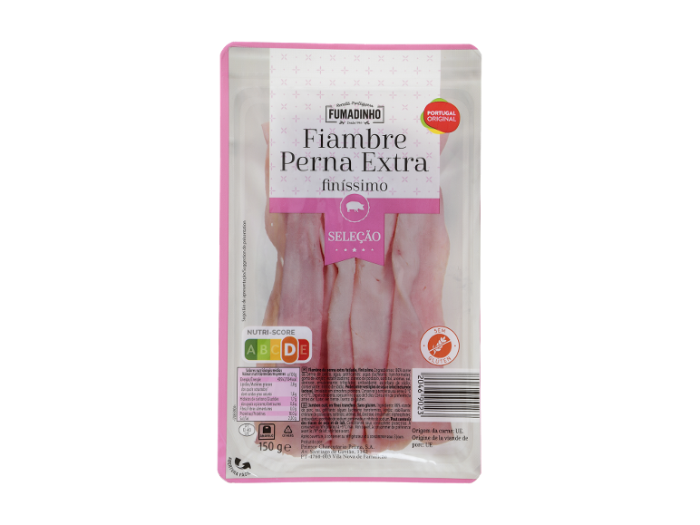 Fumadinho Fiambre Perna Extra, fiambre de porco fatiado, 150g, com Nutri-Score.
