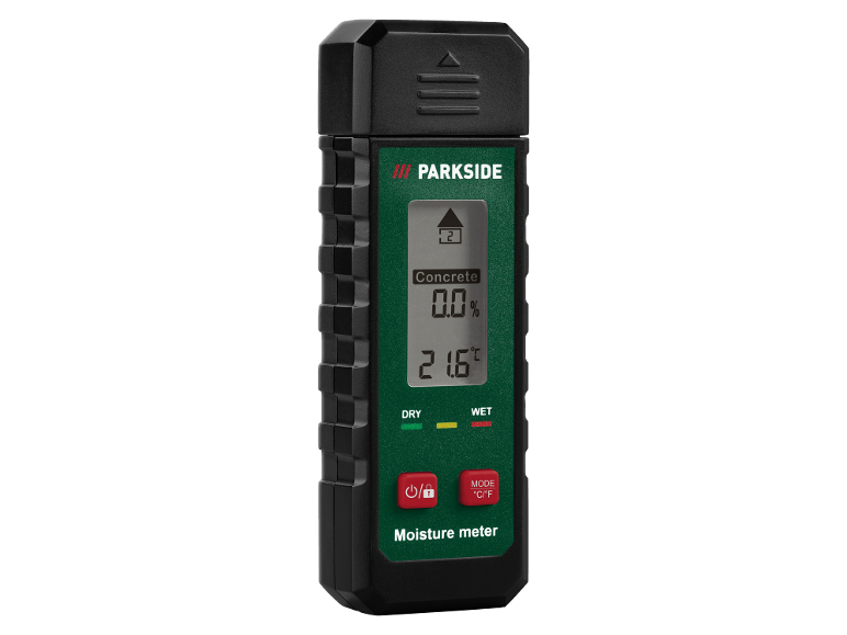 Medidor de humidade digital para betão com ecrã 0.0% e temperatura 21.6°C.
