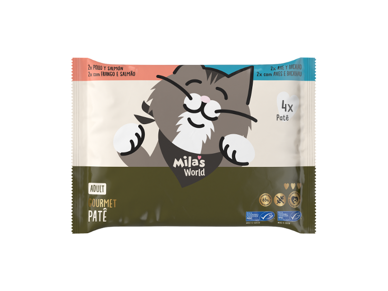 Patê para gato adulto, sabores frango, salmão, aves e bacalhau, 4x porções.
