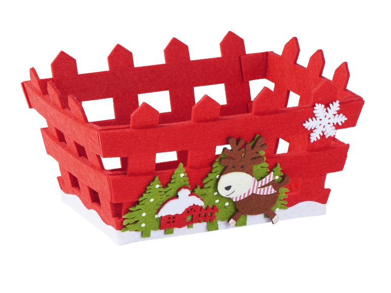 Cesto de feltro vermelho com decoração de Natal: rena, árvores e floco de neve.