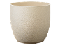 Vaso de flores bege texturizado, com forma arredondada e base estreita.