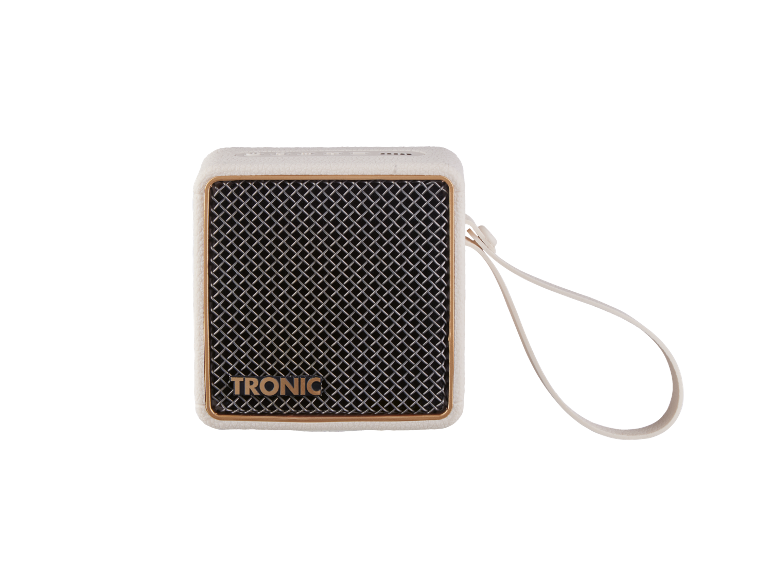 Mini altifalante portátil branco com grelha metálica e alça, com o texto 'TRONIC'.
