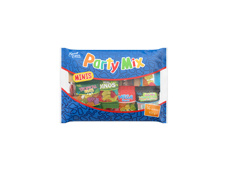 Pacote Party Mix com mini gomas, incluindo frutas tropicais, dinossauros, ursos e minhocas ácidas.