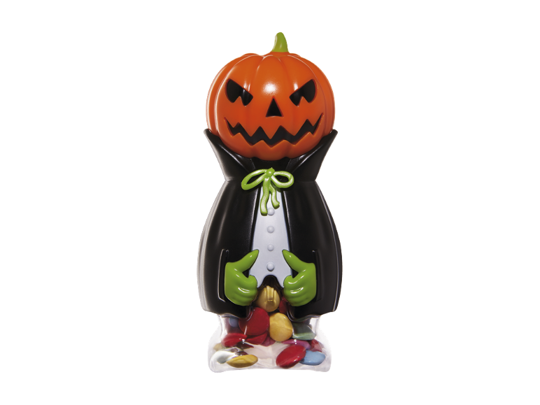 Figura de Halloween com dispensador de doces em forma de abóbora com capa.