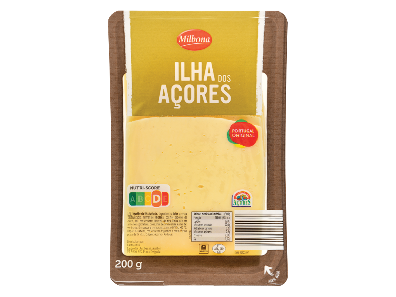 Queijo Milbona Ilha dos Açores fatiado, 200g, com Nutri-Score C e informação nutricional.