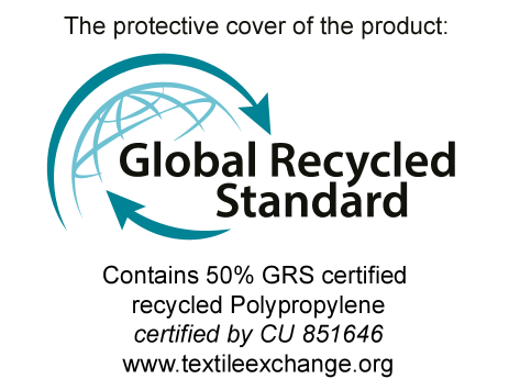 Selo Global Recycled Standard: 50% polipropileno reciclado certificado GRS, CU 851646.