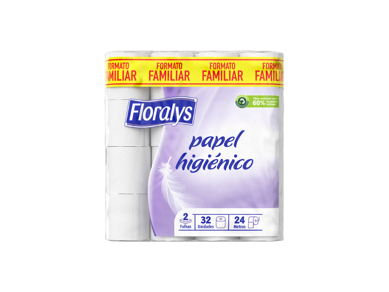 Embalagem de papel higiénico familiar com 2 folhas, 32 unidades e 24 metros.