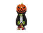 Figura de Halloween com dispensador de doces em forma de abóbora com capa.