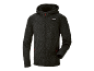 Casaco de capuz polar preto masculino com fecho e detalhes vermelhos.