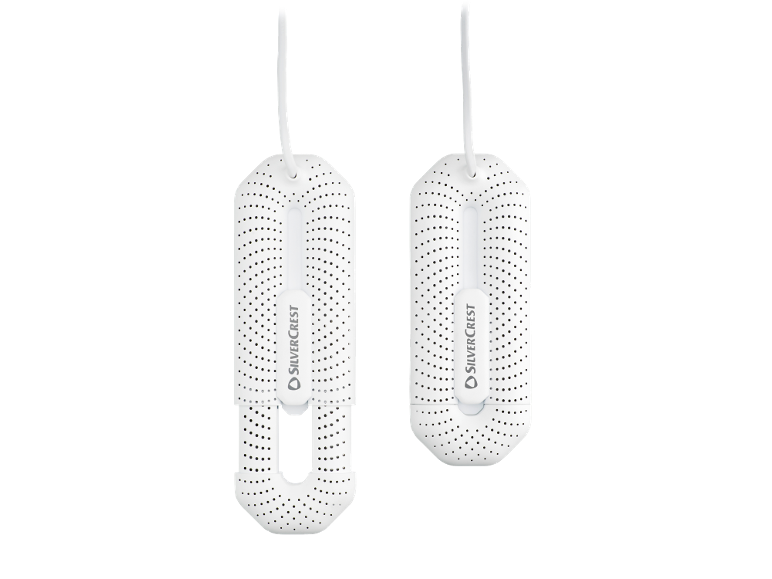 Dois secadores de sapatos elétricos brancos com orifícios de ventilação, um estendido e outro compacto.