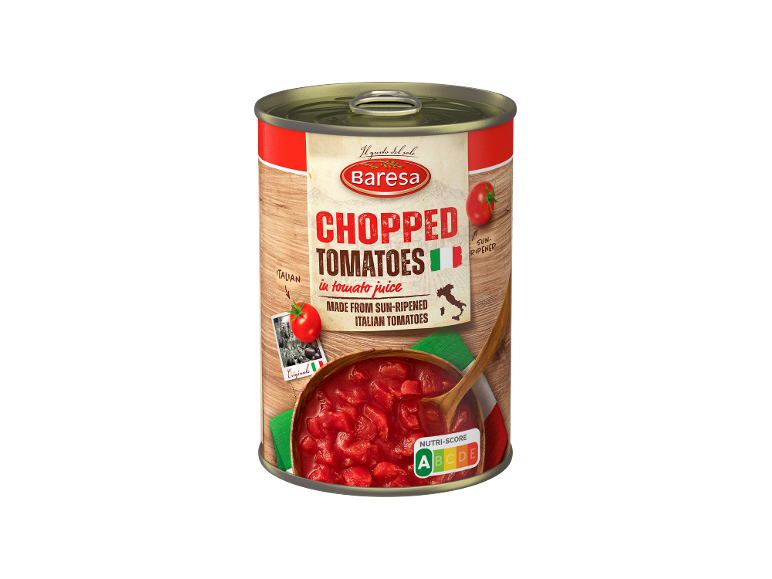 Lata de tomate picado em sumo de tomate com classificação Nutri-Score A.