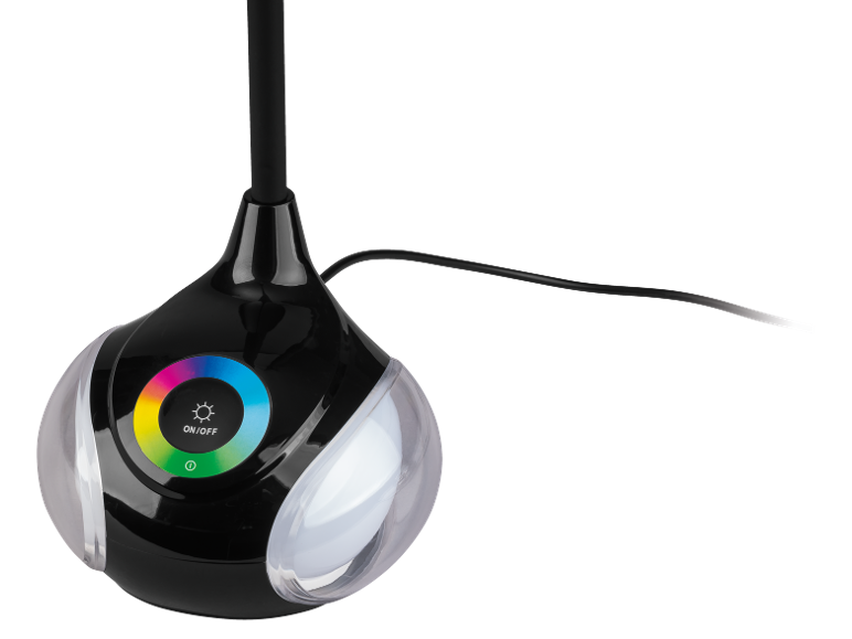 Candeeiro de secretária preto com roda de cores tátil, botão ligar/desligar e indicador