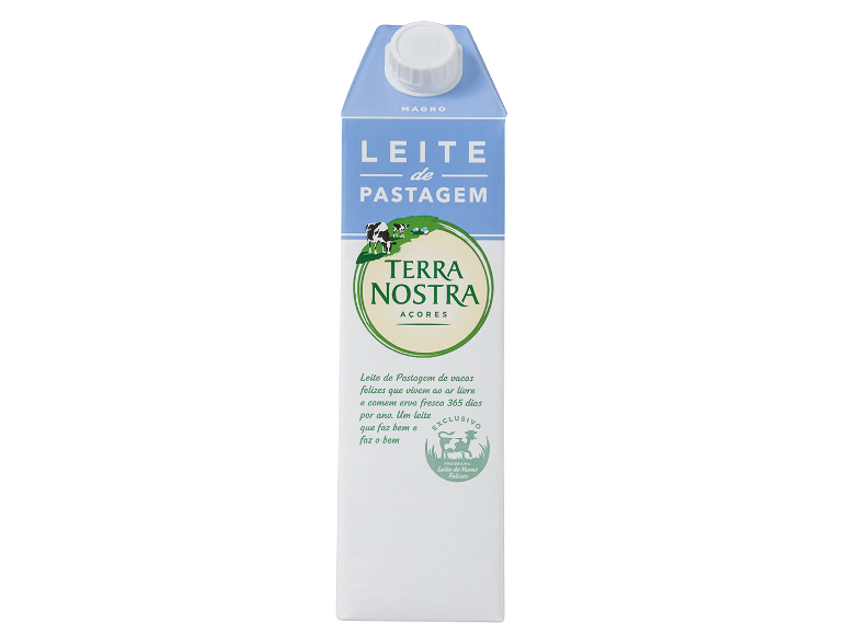 Carton de leite magro Terra Nostra com vacas numa colina verde.