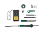 Conjunto de ferro de soldar com várias pontas, solda, suporte, bomba de dessoldar e ferramentas.
