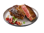 Bife de vaca grelhado, cortado ao meio, servido com vegetais assados.