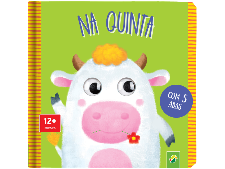 Livro de cartão infantil com uma vaca de desenho animado, texto 'NA QUINTA' e '12+ meses'