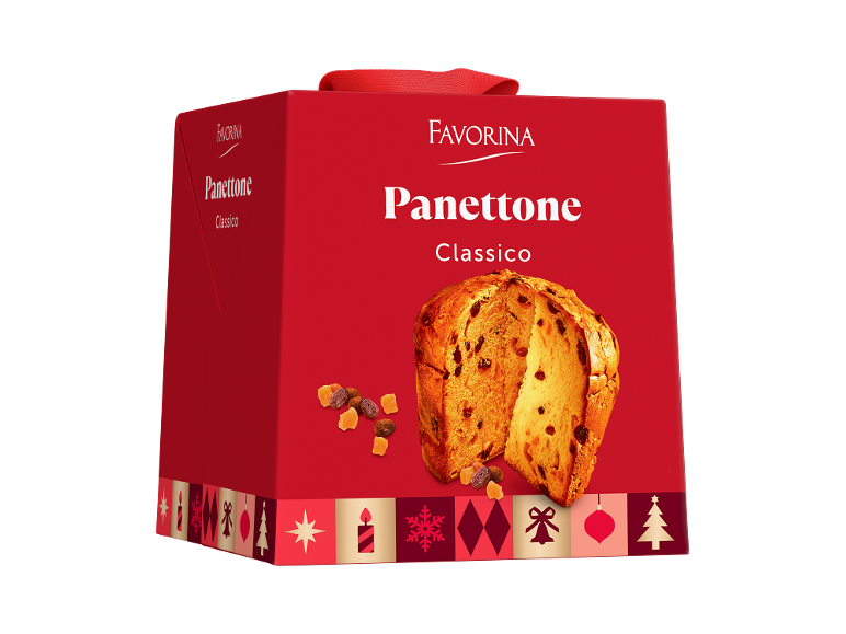 Panettone Classico em caixa vermelha com motivos natalícios.