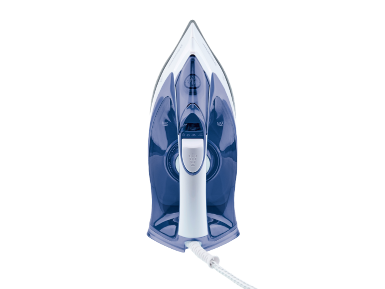 Ferro a vapor em azul e branco, visto de cima.