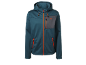 Casaco softshell masculino azul-esverdeado com fechos e detalhes laranja.