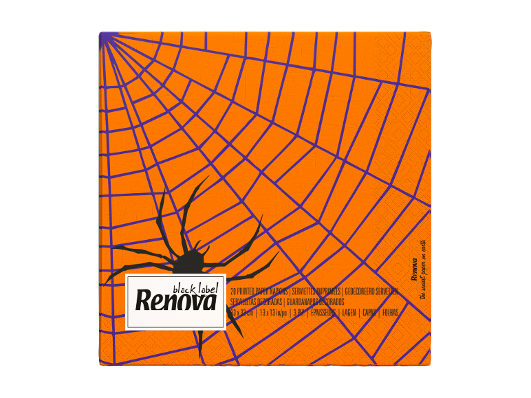 Guardanapos de papel cor de laranja com teia e aranha preta para o Halloween.