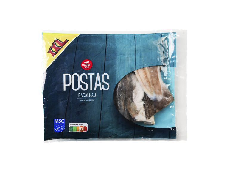Embalagem Ocean Sea Postas Bacalhau com logótipos MSC e Nutri-Score.