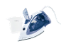 Ferro a vapor branco e azul com copo medidor para água.