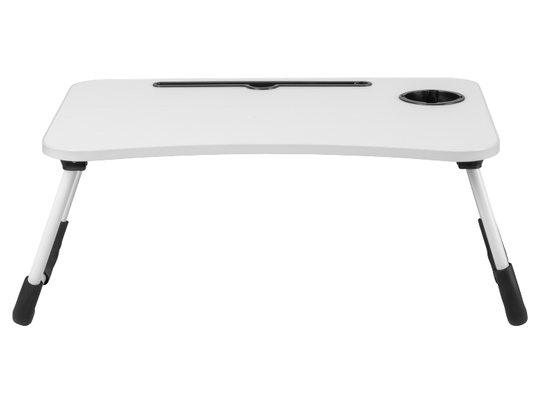 Mesa de cama dobrável branca para portátil com suporte para copo e ranhura para tablet.