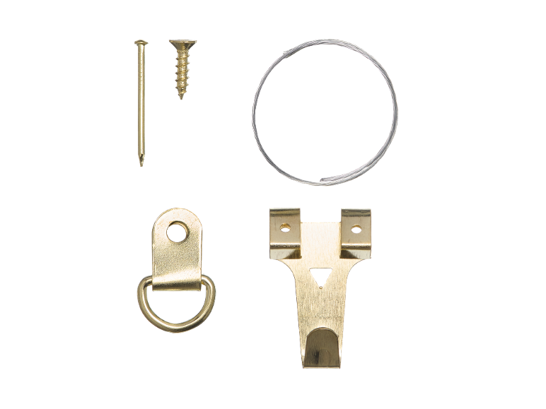 Kit para pendurar quadros com prego, parafuso, arame, anel em D e gancho para quadros.