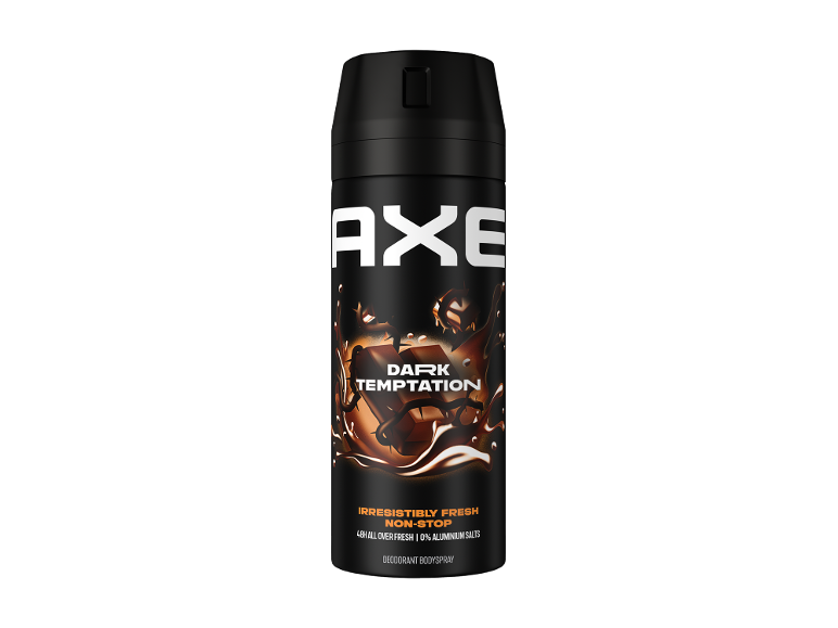 Desodorizante spray preto com texto 'Dark Temptation' e motivos de chocolate.