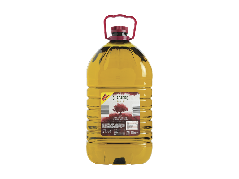 Garrafão de 5 litros de azeite Chaparro com rótulo e pega vermelhos.