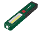 Lanterna de trabalho LED verde e preta com botão vermelho e iluminação lateral