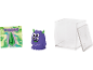 Um monstro roxo de quatro olhos, embalagem verde e uma caixa transparente.