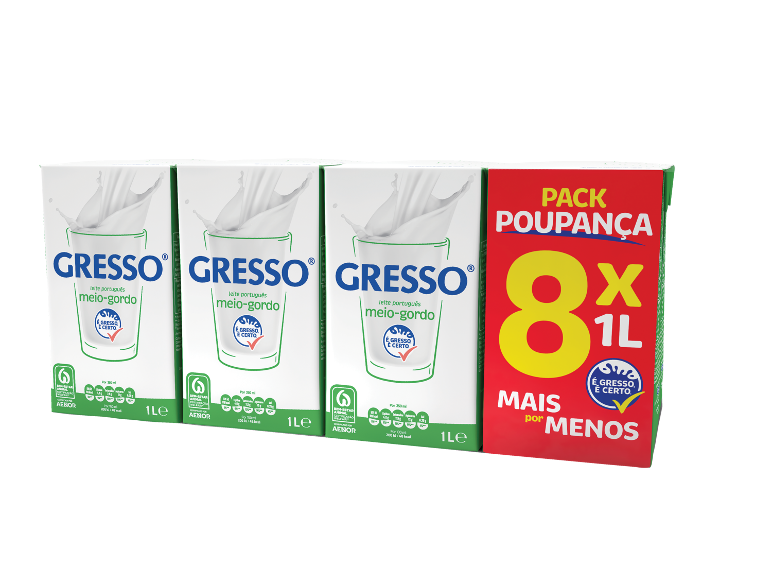 Oito embalagens de leite meio-gordo, com uma embalagem promocional vermelha.